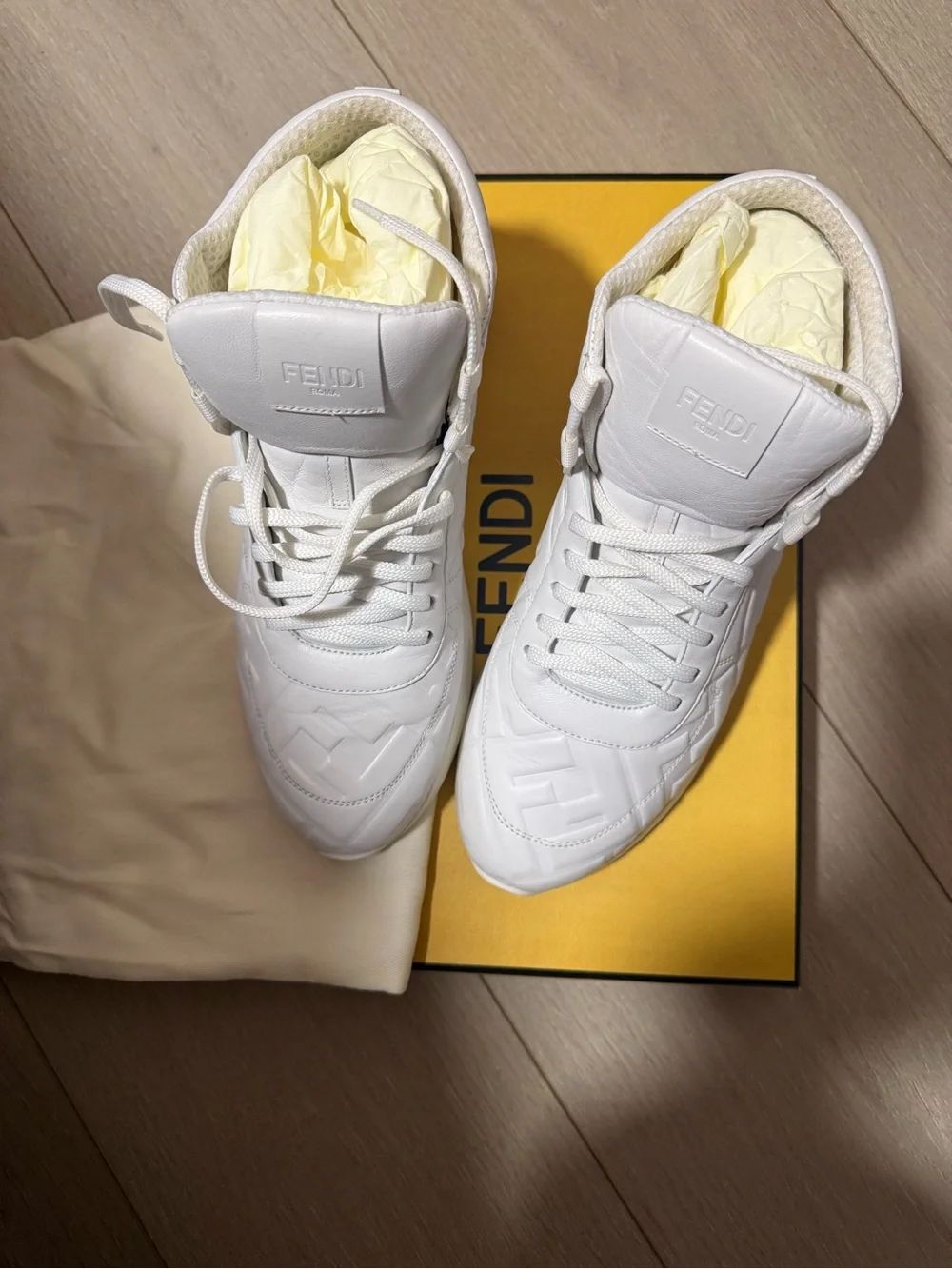 Fendi White Men’s High-Top Embossed Leather Sneakers
